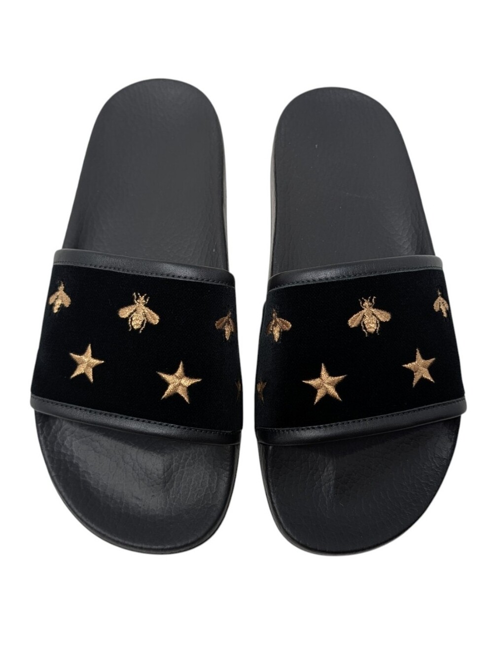 Gucci Black Velvet Rare Gold Bee & Star Embroidered Slide Sandals Size EU 39